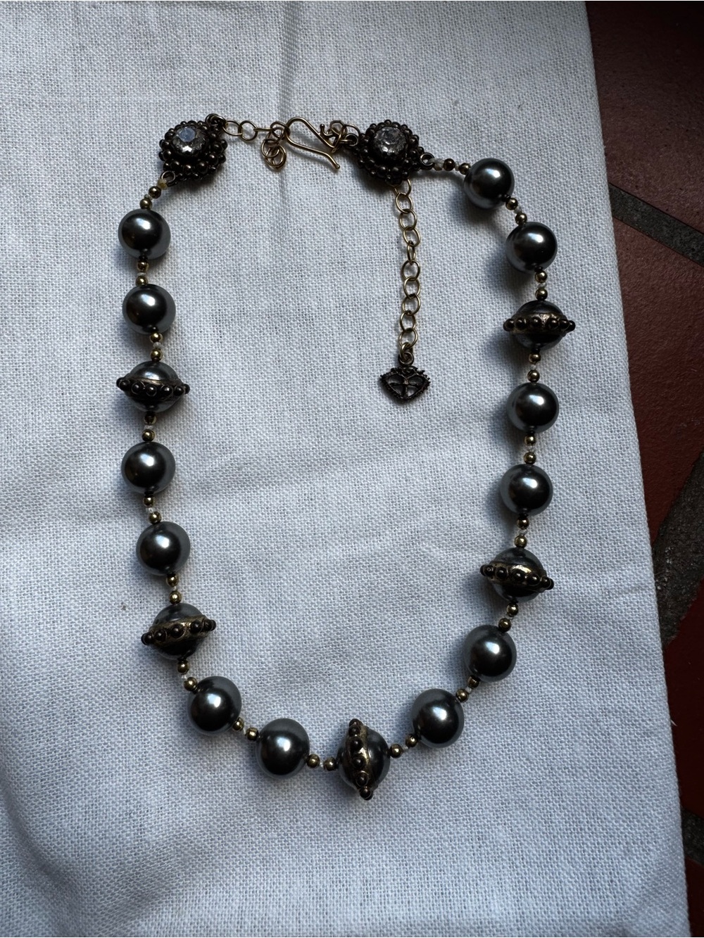 Virgins Saints & Angels Gunmetal Pearl Necklace with Antique Gold Accents